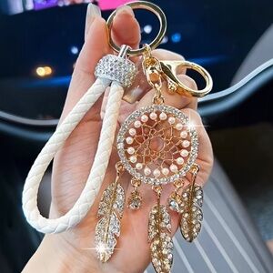 Elegant Gold and White Dreamcatcher Keychain